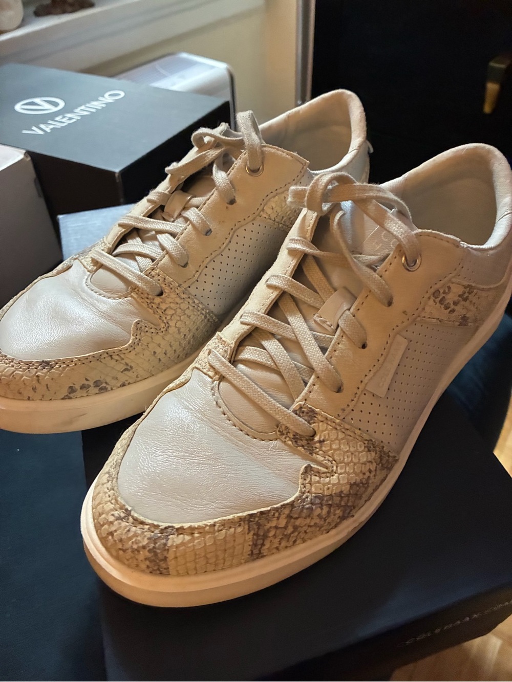 Cole Haan Beige Leather Sneakers with Snake-Trim
